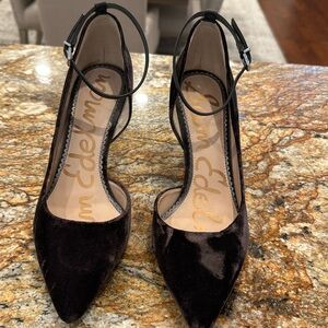 Sam Edelman dark brown suede heels with ankle strap.